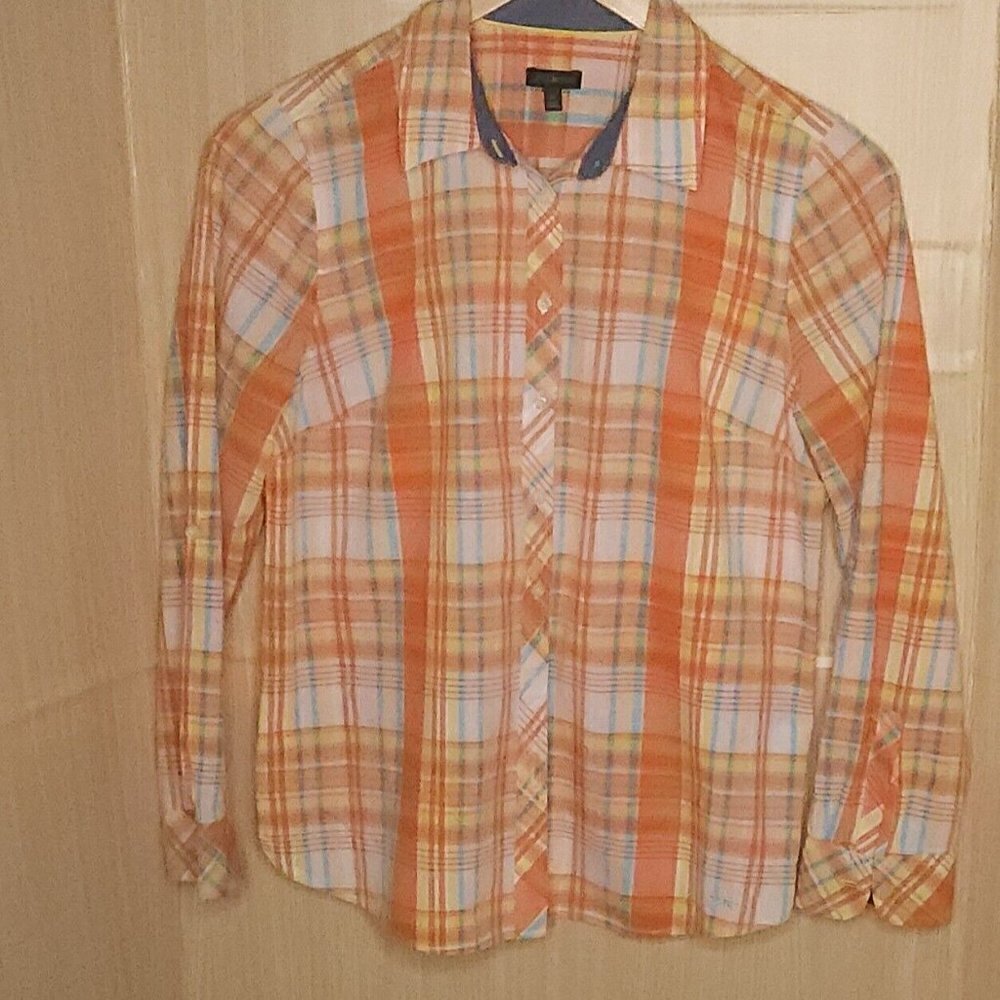 Talbots Orange Yellow Plaid Button Down Medium